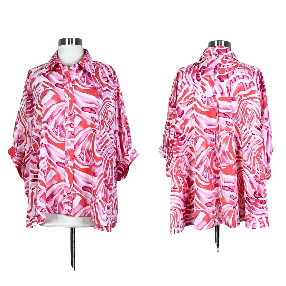 Entro | Abstract Zebra Pink Orange Stripe Oversized Short Sleeve Button Blouse